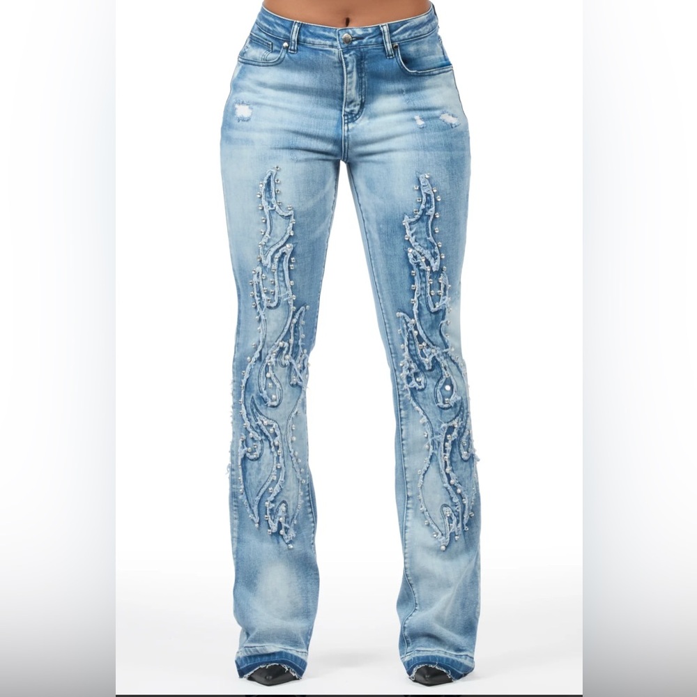 Light Blue Straight Leg Jeans with Embellished Flame Detail